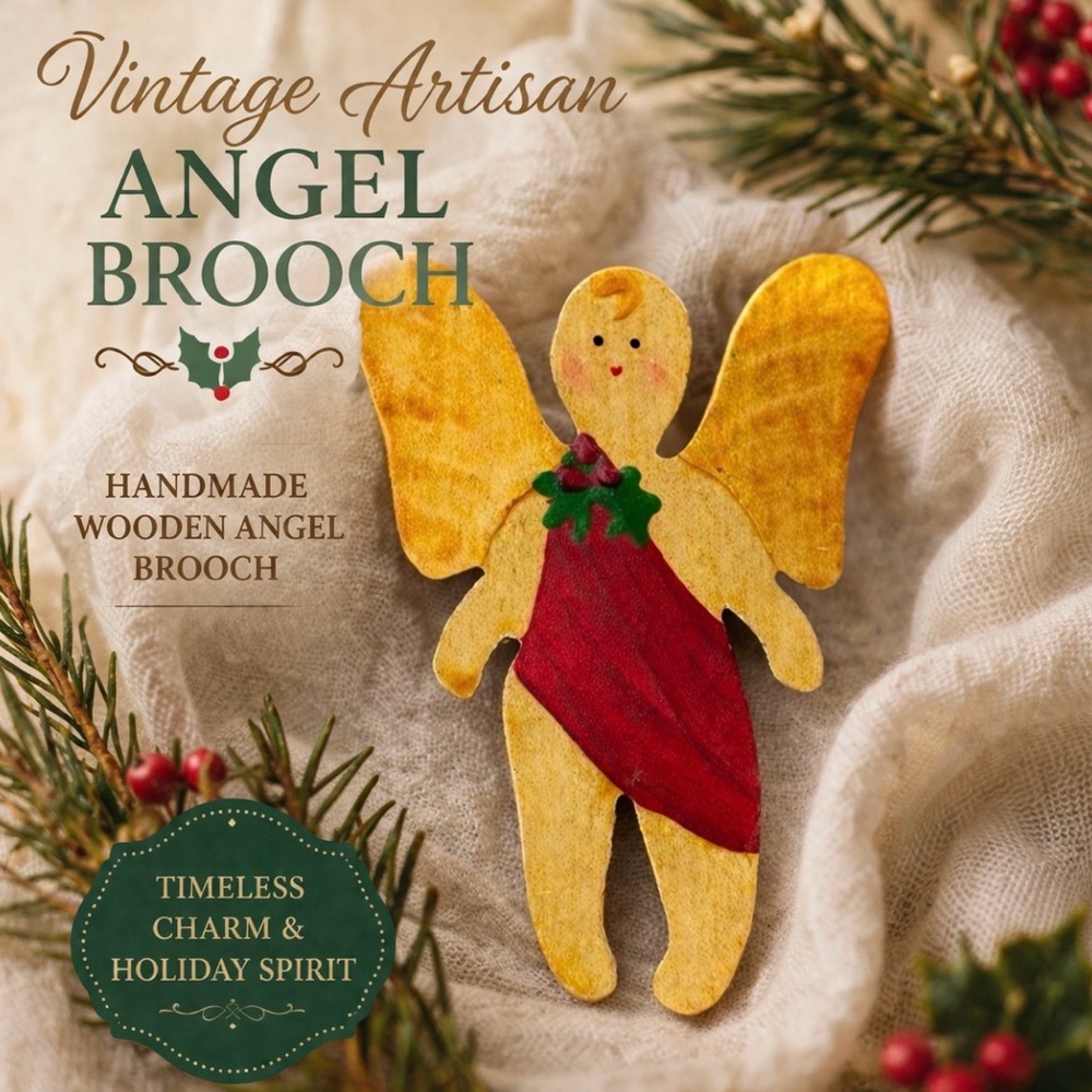 Vintage Angel Brooch Metal Folk Art Hand Painted Pin 70s 80s Artisan